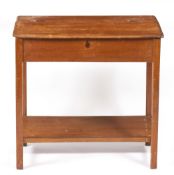 A 19TH CENTURY HARDWOOD SCHOOL DESK with a sloping lifting front, 69cm wide x 41cm deep x 67cm