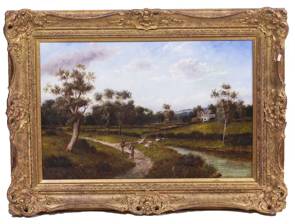 A COUNTRY SCENE with shepherds by a river, oil on canvas, indistinctly signed, 39cm x 58cm,