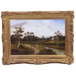 A COUNTRY SCENE with shepherds by a river, oil on canvas, indistinctly signed, 39cm x 58cm,