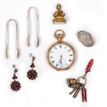 A GOLD PLATED POCKET WATCH a pair of silver 'toy' sugar tongs, a pair of 19th Century earrings,