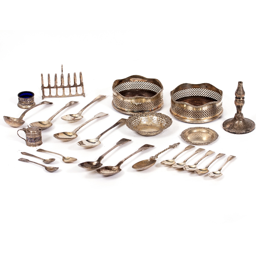 A QUANTITY OF SILVER AND WHITE METAL to include serving spoons, wine coasters, mustard pot, bowl