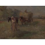 TWO 19TH CENTURY COUNTRY SCENES a gypsy caravan and a hay cart, oil on canvas, indistinctly