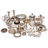 A COLLECTION OF ANTIQUE AND LATER SILVER PLATED WARES to include a muffin dish, a pair of