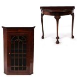 A GEORGIAN STYLE MAHOGANY DEMILUNE FOLD OVER CARD TABLE 76cm wide x 38cm deep x 74cm high together