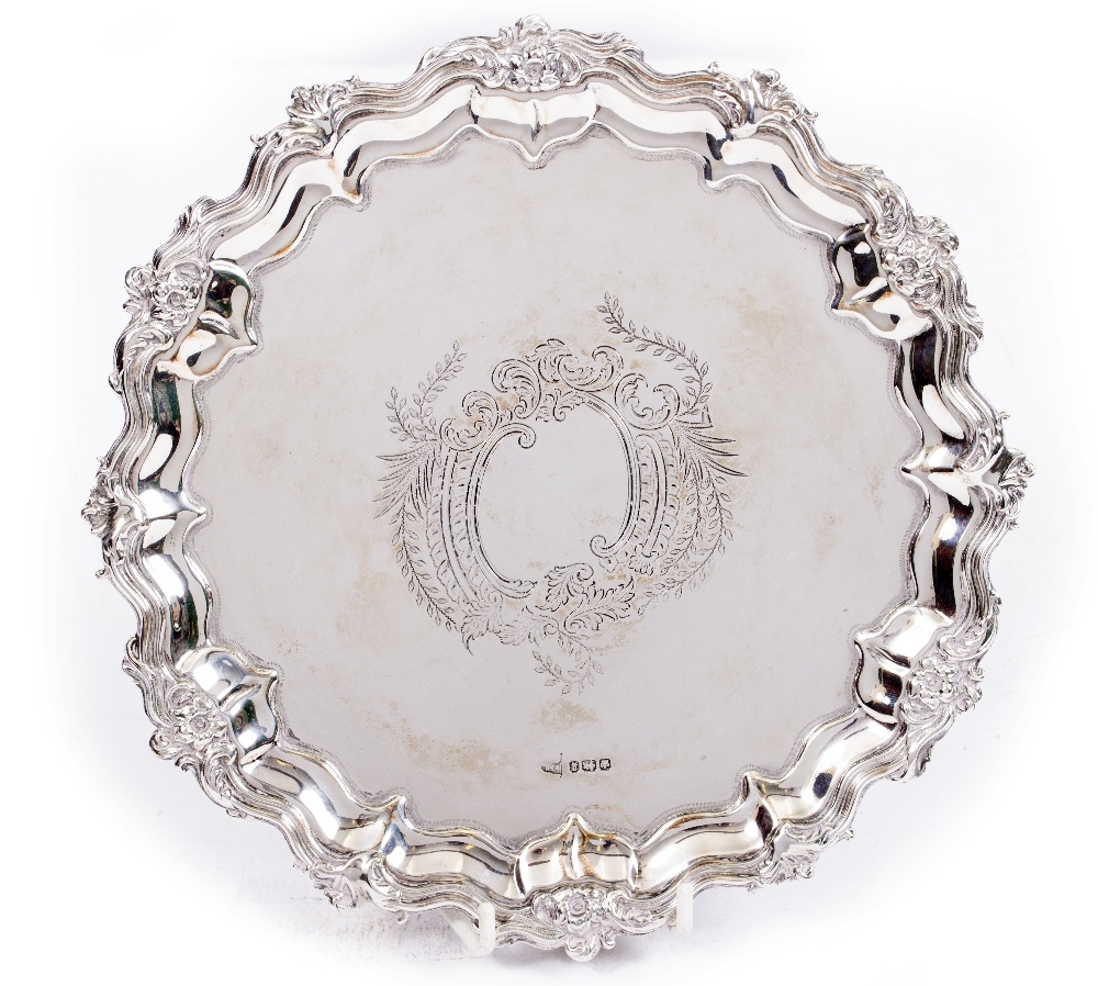 A SILVER SALVER by Walker & Hall with marks for Sheffield 1899, 22cm diameter, 345 grams