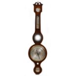 A 19TH CENTURY MAHOGANY DIAL BAROMETER with swan neck pediment, hydrometer, thermometer, convex