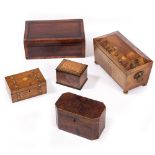 A 19TH CENTURY WALNUT AND MARQUETRY TEA CADDY of sarcophagus form, with ring handles and brass