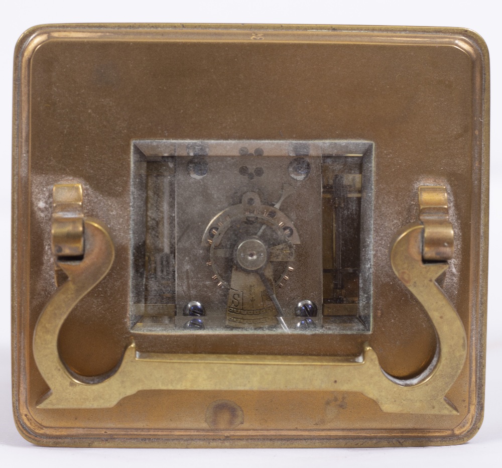 A BRASS CARRIAGE CLOCK, with enamel dial, striking the hours and half hours in a gong, 17cm high - Image 5 of 5