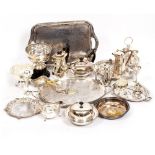 A MIXED COLLECTION OF ANTIQUE AND LATER SILVER PLATED WARES to include rose bowls, an entree dish,