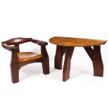 A CONTEMPORARY BESPOKE MADE TEAK AND ELM OPEN ARMCHAIR with a wave mark to the reverse, 75cm wide