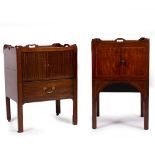 A 19TH CENTURY MAHOGANY TRAY TOP COMMODE with a tambour front above a drawer with a brass swan