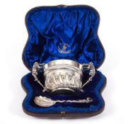 A VICTORIAN SILVER PORRINGER, with applied dragon handles and engraved foliate decoration, marks for