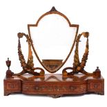 A 19TH CENTURY SATINWOOD DRESSING TABLE MIRROR with urn finials, three drawers, bracket feet and