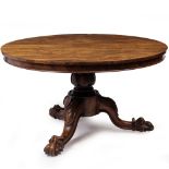 A VICTORIAN ROSEWOOD CIRCULAR BREAKFAST TABLE with a turned and carved stem on three cabriole legs