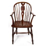 A 19TH CENTURY ASH AND ELM SPINDLE BACK ARMCHAIR with turned supports, 56cm wide x 90cm high