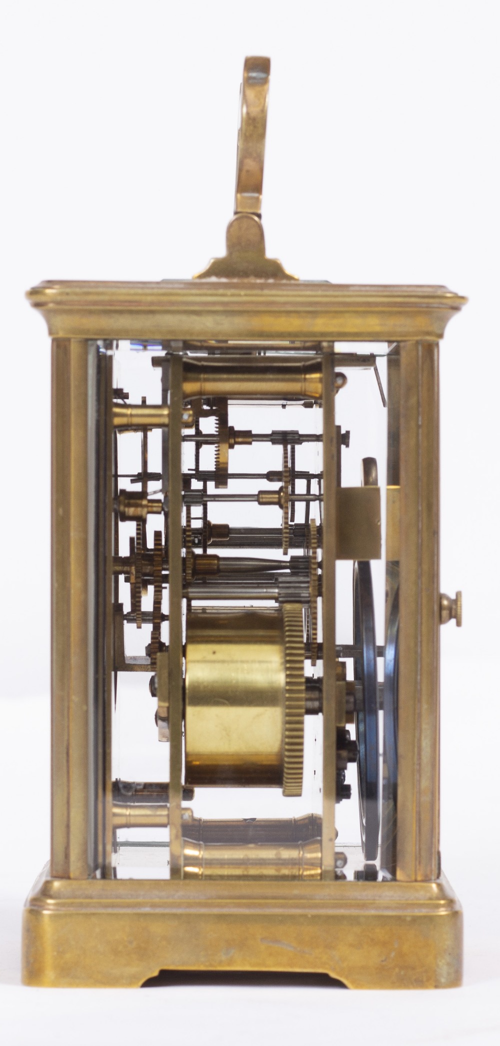 A BRASS CARRIAGE CLOCK, with enamel dial, striking the hours and half hours in a gong, 17cm high - Image 2 of 5