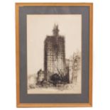 EARLY 20TH CENTURY Wills Memorial Building Bristol encased in scaffolding, dry point etching, 32cm x