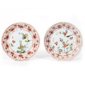 A PAIR OF ANTIQUE CHINESE FAMILLE VERTE PORCELAIN SHALLOW BOWLS each with enamel decoration, 21.