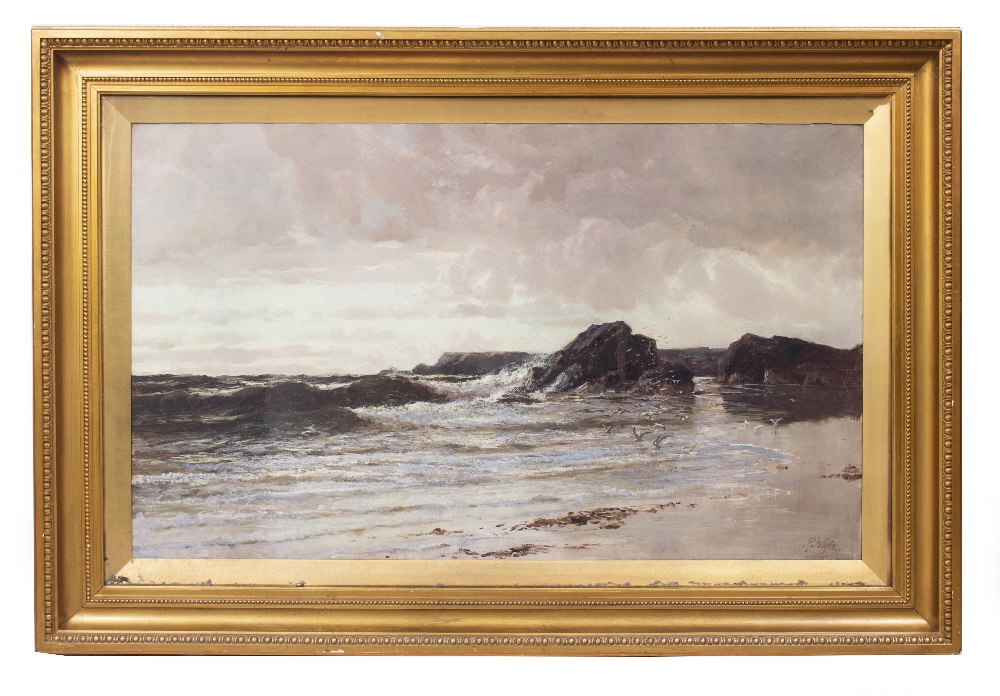 RICHARD WANE (1852-1904) Coastal beech scene with stormy seas, oil on canvas, signed R.Wane, 73cm