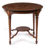 AN EDWARDIAN MAHOGANY AND SATINWOOD INLAID CIRCULAR CENTRE TABLE with square tapering legs united by