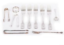 A COLLECTION OF SILVER CUTLERY to include three Dublin silver teaspoons, five 19th century fiddle