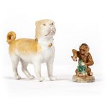 AN ANTIQUE CONTINENTAL PORCELAIN BULLDOG 12cm wide x 10cm high and an antique hard paste porcelain