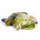 A LATE 19TH / EARLY 20TH CENTURY GREEN TIN GLAZED POTTERY FROG 22cm wide x 28cm deep x 9cm high