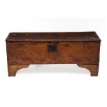 A 17TH CENTURY ELM SIX PLANK COFFER 116cm wide x 35cm deep x 50cm high Condition: replaced feet,