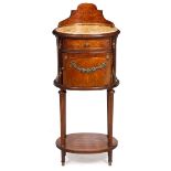 AN EARLY 20TH CENTURY FRENCH WALNUT AND MARQUETRY INLAID MARBLE TOPPED WASH STAND OR POT CUPBOARD