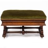 A VICTORIAN WALNUT PIANO STOOL with an overstuffed upholstered lifting seat, carved supports