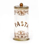 A 19TH CENTURY GLASS PASTA JAR of cylindrical form with painted decoration, marked 'pasta', 17cm
