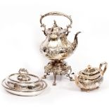 A VICTORIAN SILVER PLATED KETTLE ON STAND ornate engraved decoration, 28cm x 45cm; a Victorian