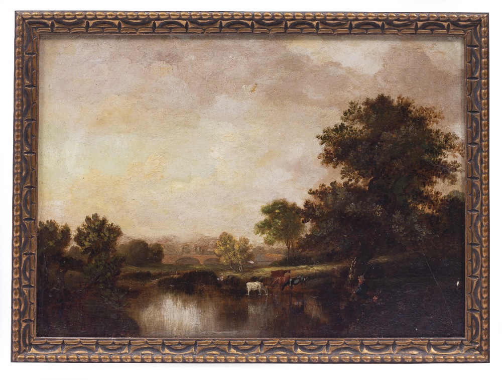 A PAIR OF ANTIQUE OIL ON BOARD PAINTING depicting river scenes, each 24cm x 34cm and mounted in gilt