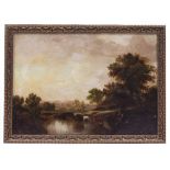 A PAIR OF ANTIQUE OIL ON BOARD PAINTING depicting river scenes, each 24cm x 34cm and mounted in gilt