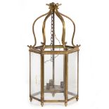 A LATE 20TH CENTURY HEXAGONAL BRASS AND GLASS HANGING HALL LANTERN 28cm wide x 55cm high