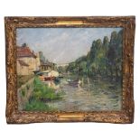 JAN DIERCKX (1949) Le Loing A Moret, oil on board, signed lower right, 31cm x 39cm, mounted in a