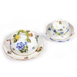A HEREND HUNGRY HAND PAINTED PORCELAIN BUTTER DISH with hand painted flower and fruit decoration