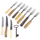 A COLLECTION OF SEVEN ANTIQUE STEEL TWO AND THREE PRONG FORKS with bone and horn handles together