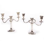 TWO SILVER THREE BRANCH CANDELABRA by Albert Edward Jones, one with marks for Birmingham 1969,