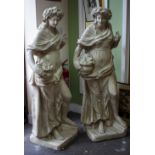 TWO VICTORIAN PLASTER STATUES depicting flora, each on square bases, 50cm wide x 145cm high