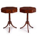 A PAIR OF GEORGIAN STYLE MAHOGANY AND SATINWOOD CROSSBANDED OCTAGONAL DRUM TABLES each with two