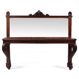 A VICTORIAN MAHOGANY MIRROR BACKED SIDE TABLE OR SERVING TABLE with carved scrolling cabriole
