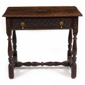 AN 18TH CENTURY OAK SIDE TABLE with single drawer having brass drop handles and turned supports,