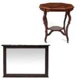 AN EDWARDIAN ROSEWOOD AND SATINWOOD INLAID OCTAGONAL CENTRE TABLE with sabre legs united by an