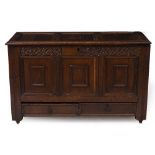 AN 18TH CENTURY OAK PANELLED COFFER 121cm wide x 54cm deep x 75.5cm high Condition: surface marks,