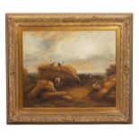 A MODERN OIL PAINTING depicting the hay harvest, mounted in a gilded frame, 59cm x 90cm and a