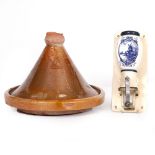 A GLAZED EARTHEN WARE POTTERY TAGINE of conical form, 35cm wide x 26cm high together with a De Ve