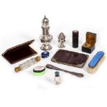 A COLLECTION OF BIJOUTERIE to include a Georgian silver pepperette, two enamel boxes, two scent