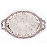 A MERIDEN BRITANNIA COMPANY SILVER PLATED TRAY with engraved decoration on a grapevine border,
