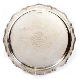 A SILVER SALVER by Walker & Hall with marks for Sheffield 1944 having a personal inscription, 35cm